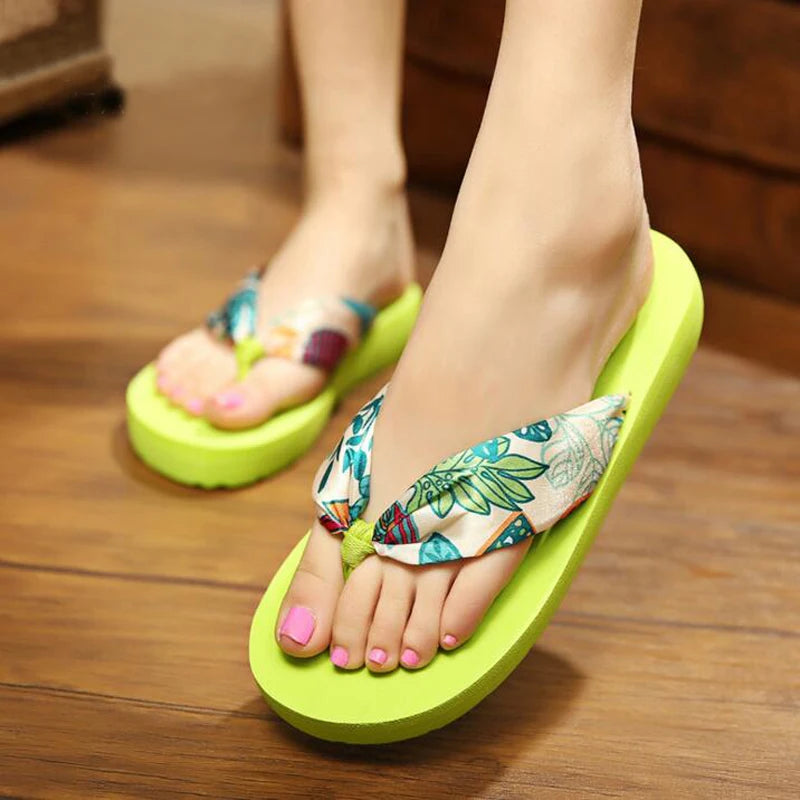 Silk Flower Print Casual Women Slippers Beach Platform Shoes Flip Flops