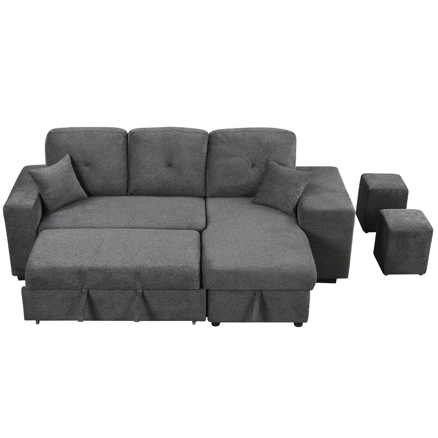 Reversible Sleeper Sectional Sofa Bed With Side Shelf and 2 Stools