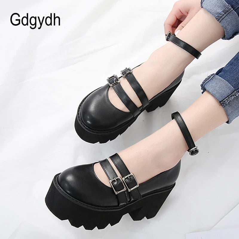 Womens Pump Gothic Shoes Ankle Strap High Chunky Heels