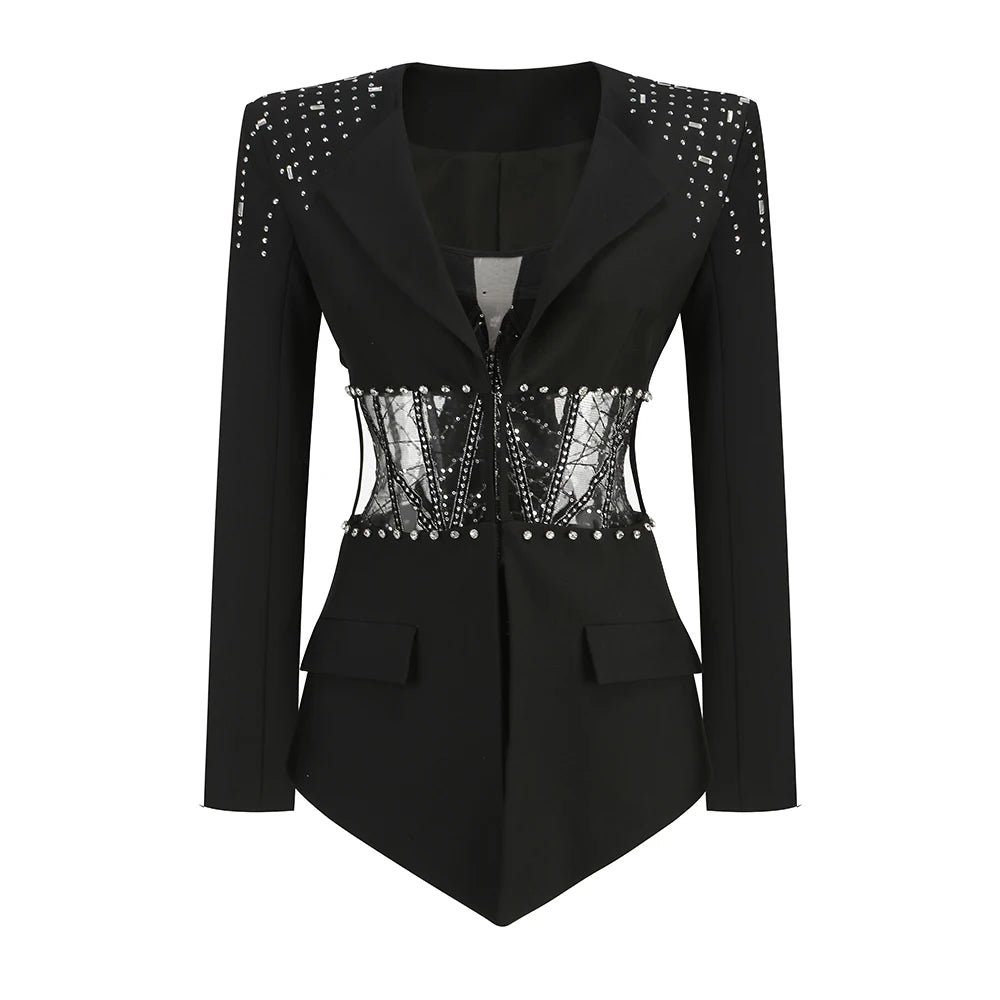 Women 2 Pieces Sexy Black Long Sleeve Blazer+Strapless Bodysuit Short Suit