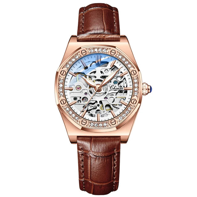 Steel Waterproof Automatic Rose Gold Mechanical Watch for Women