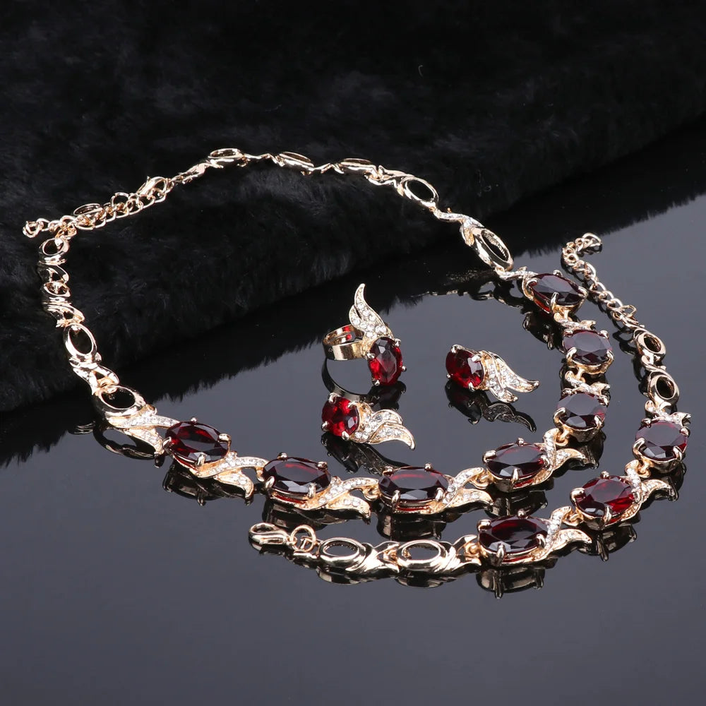 Wedding Gold Color Red Crystal Trendy Necklace Jewelry Sets