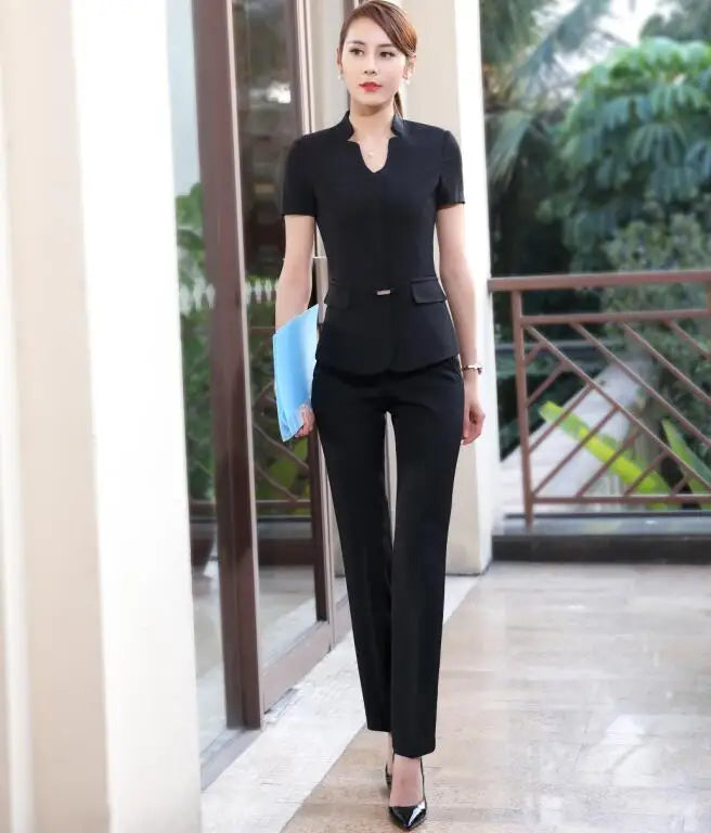 Short Sleeve v Neck Blazer and Trousers Office Ladies Work Wear Uniform