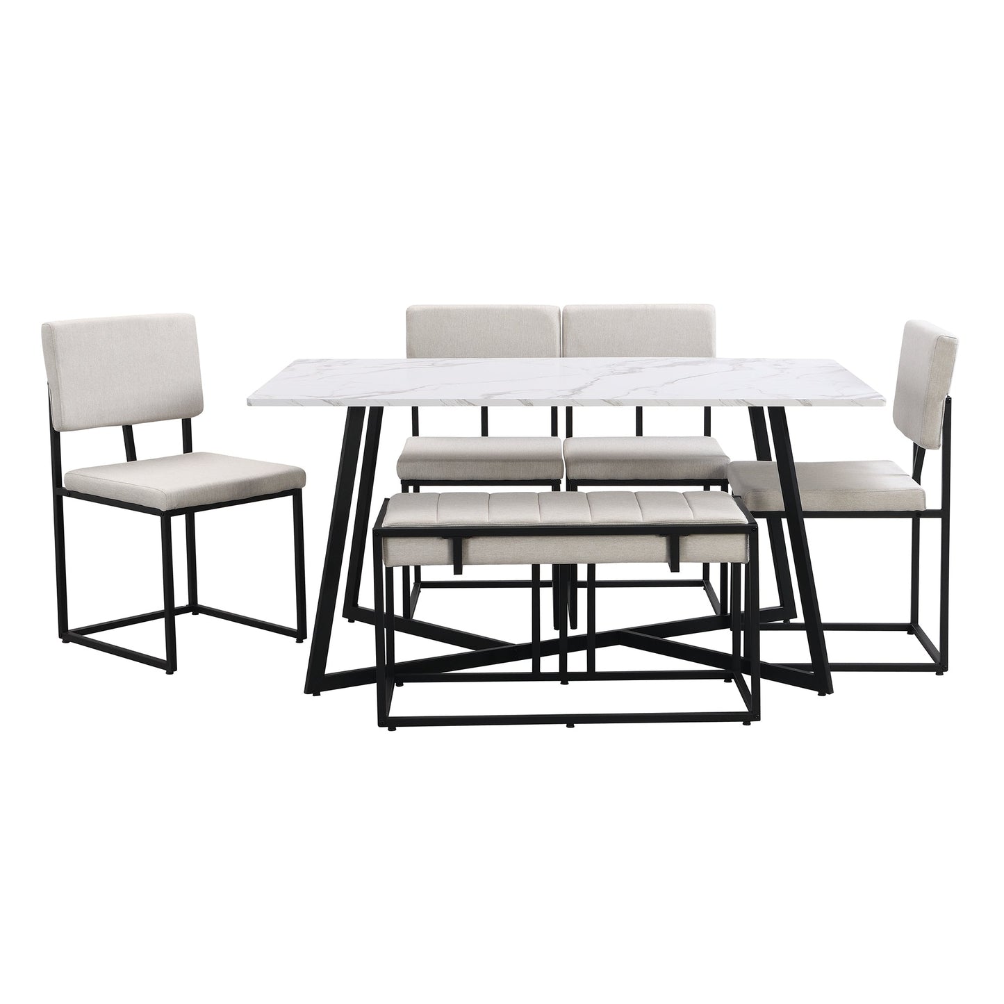 Modern Faux Marble 6-Piece Dining Table Set Dining Chairs and Bench