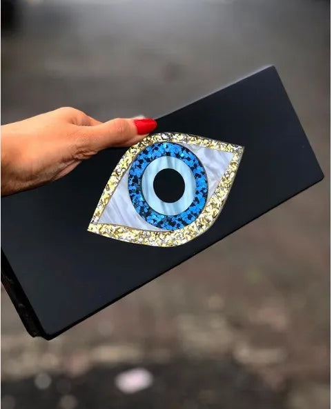 Solid Black Patchwork Glitter Evil Eye  Acrylic PVC Plastic Box Clutches  Bags