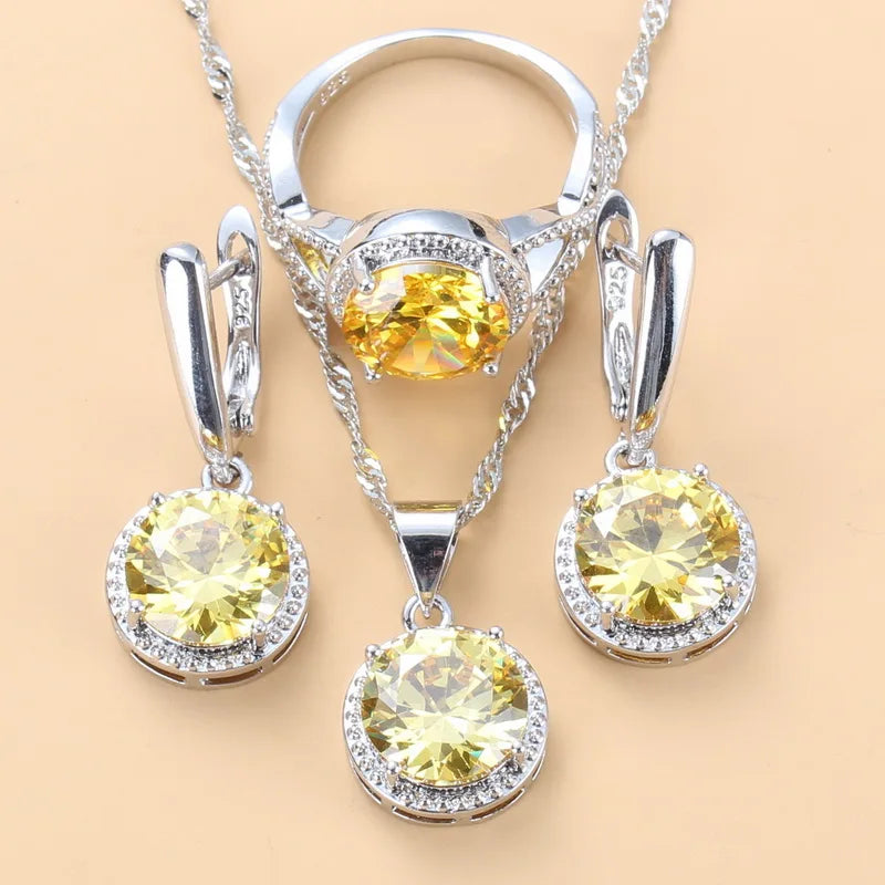 Silver Jewelry Sets Green Cubic Zirconia Necklaces Pendants Earrings and Ring