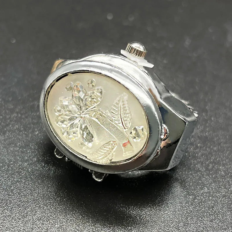 Women Ring Elliptical Stereo Flower Clamshell Adjustable Rings Quartz Watches