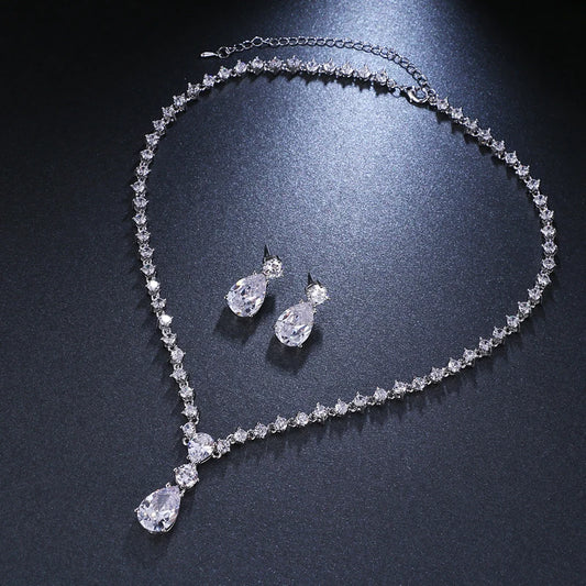 Simple Cubic Zirconia Crystal Women Earrings Necklace Set