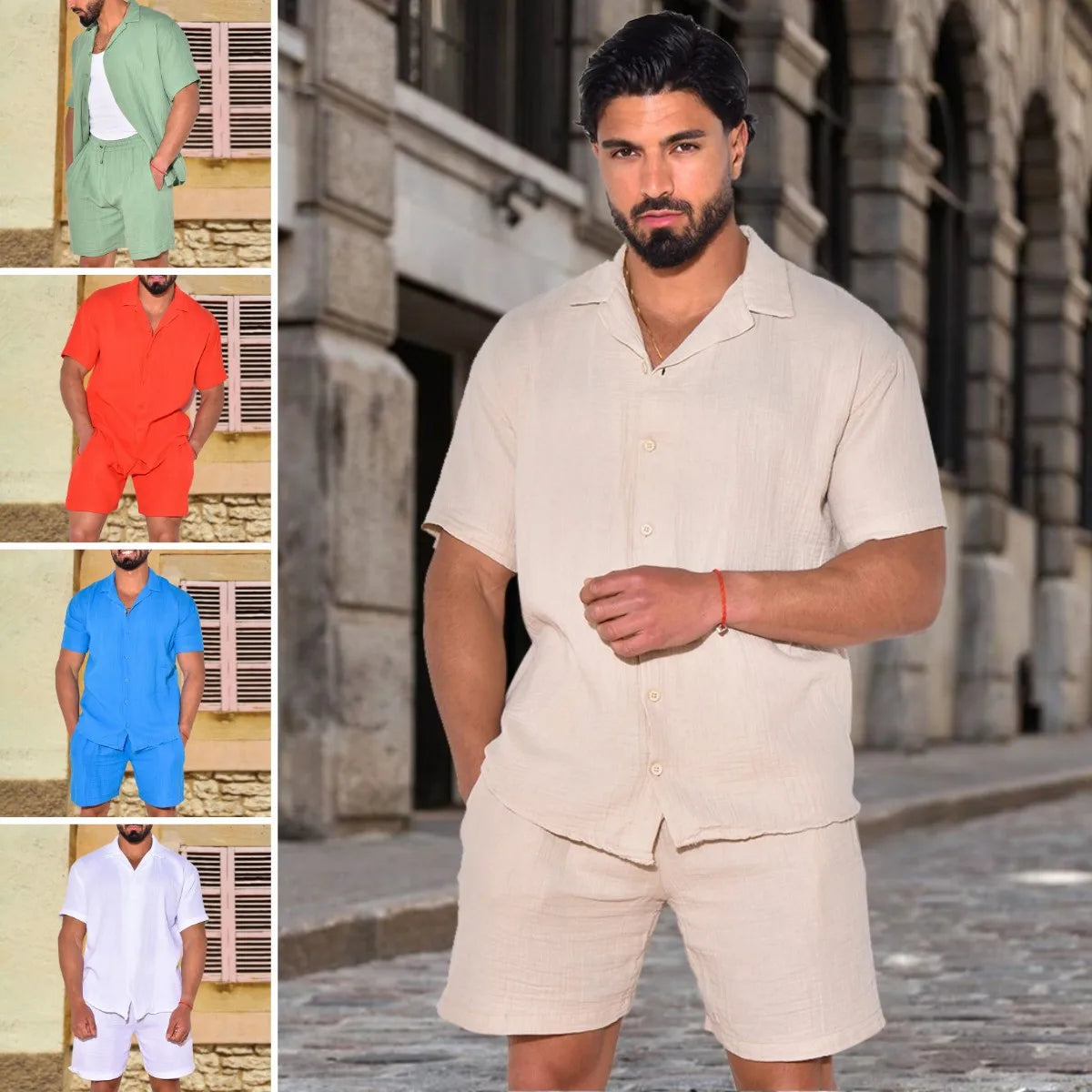 Mens Sets Loose Short Sleeve T-Shirt Shorts Two Piece Linen Set Tracksuit