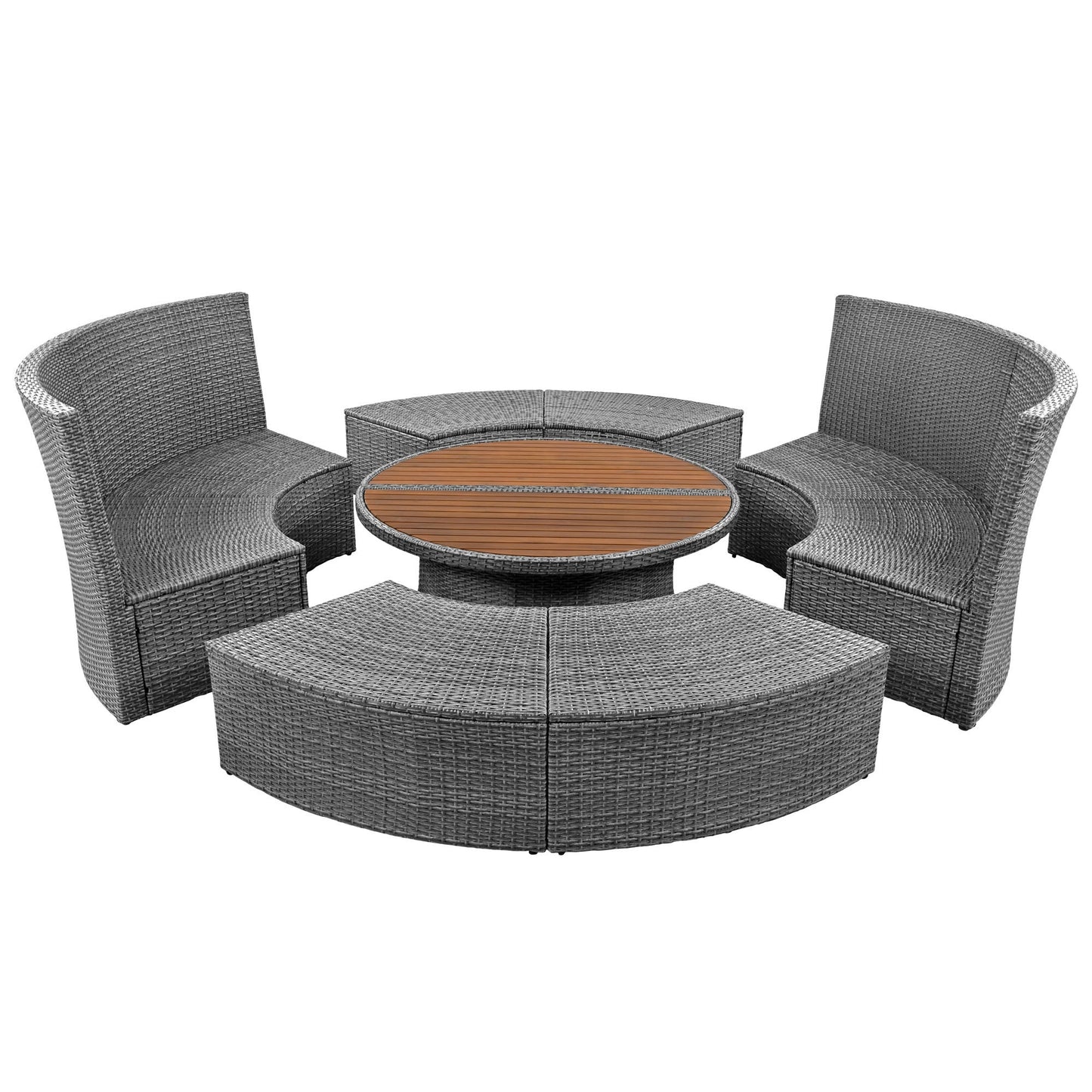 Patio 5-Piece Round Rattan Sectional Sofa Set All-Weather PE Wicker Sunbed