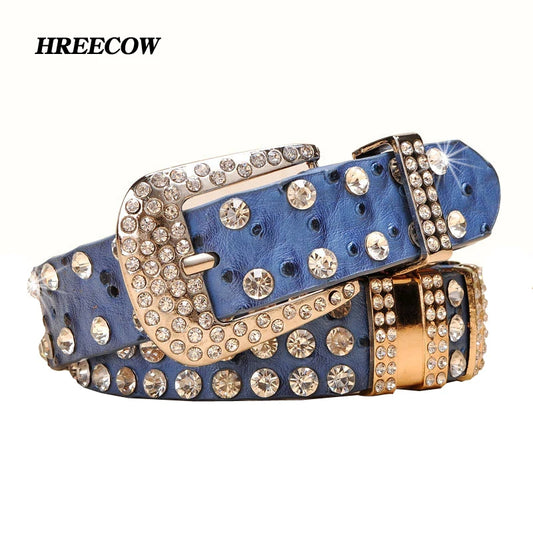 Rhinestone Belts for Women Leather Belt Second Layer Skin Strap Female