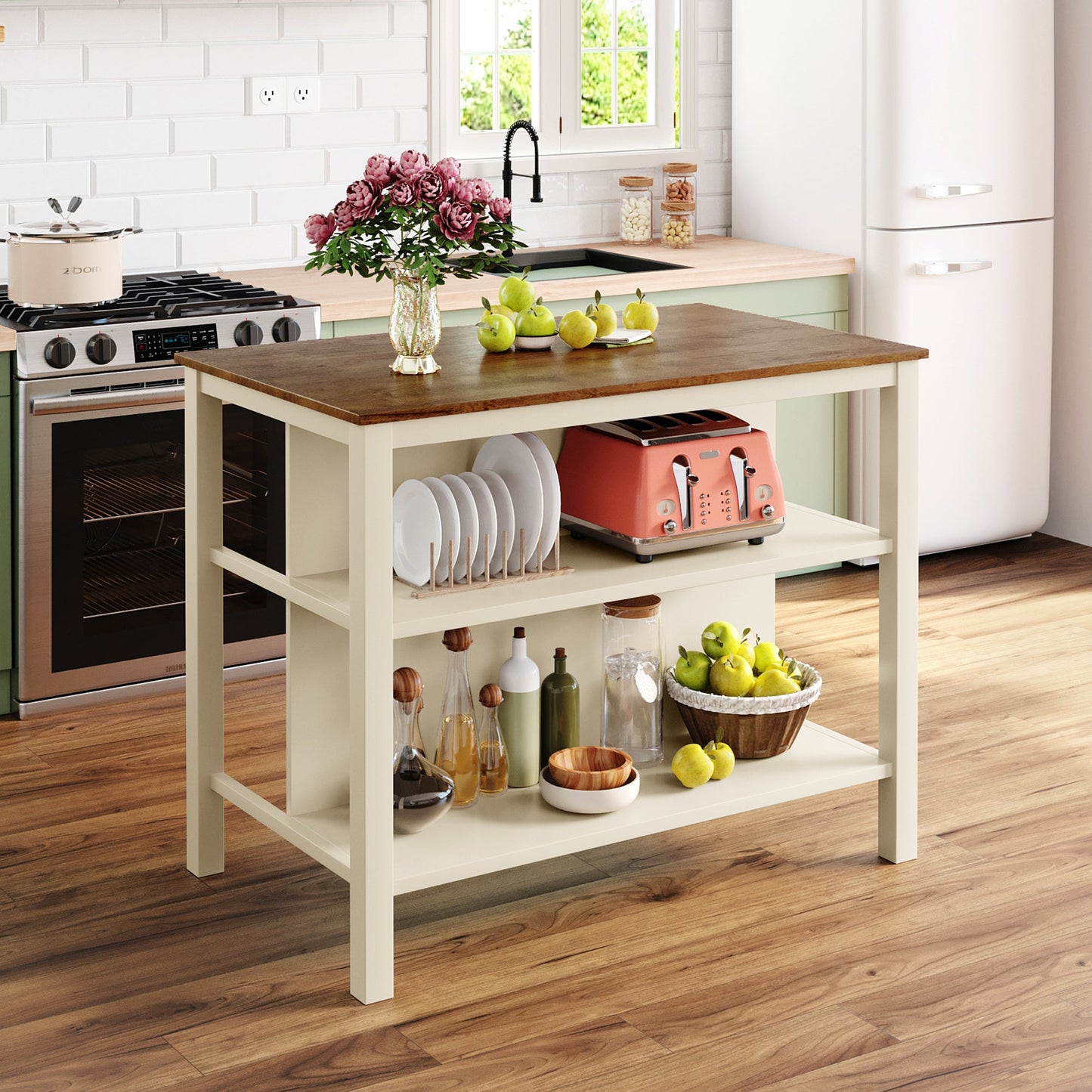 Solid Wood Rustic Kitchen Island, Rubber Wood Butcher Block Dining Table