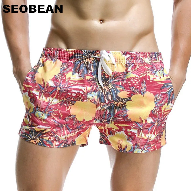 Short Men Board Shorts Coconut Leaf Pattern Sea Beach Style