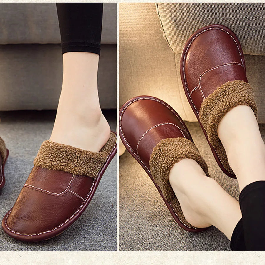 Winter Leather Plush Home Slippers for Men Unisex Comfortable Slippers