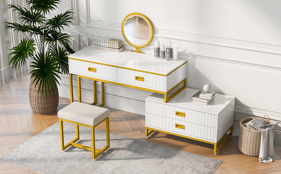 Vanity Table With Movable Side Cabinet and 4-Drawers