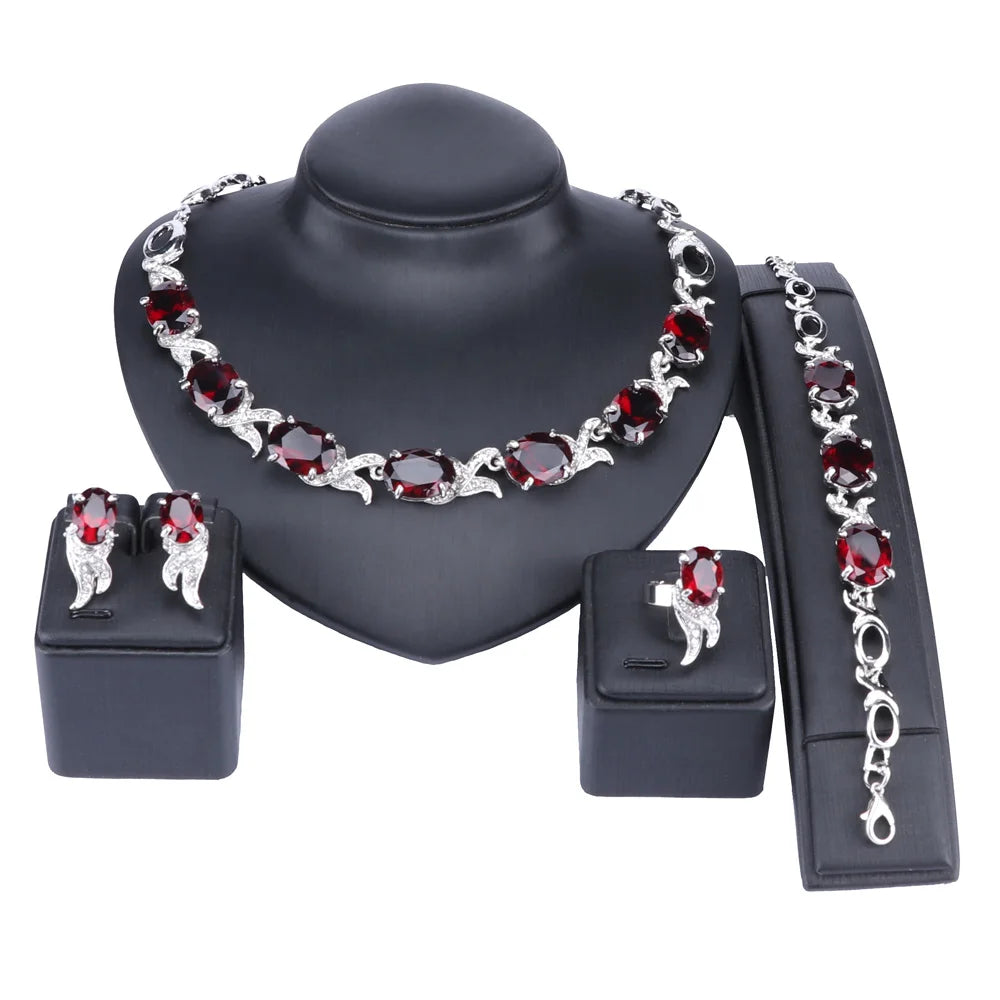 Wedding Gold Color Red Crystal Trendy Necklace Jewelry Sets