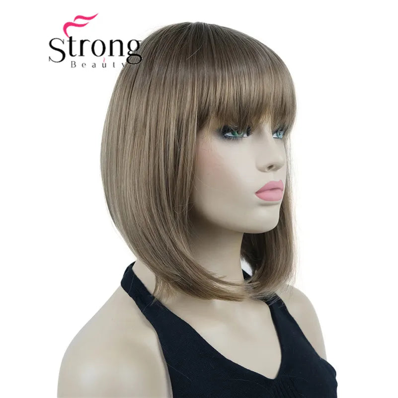 Short Straight Blonde Highlighted Bob With Bangs Synthetic Wig