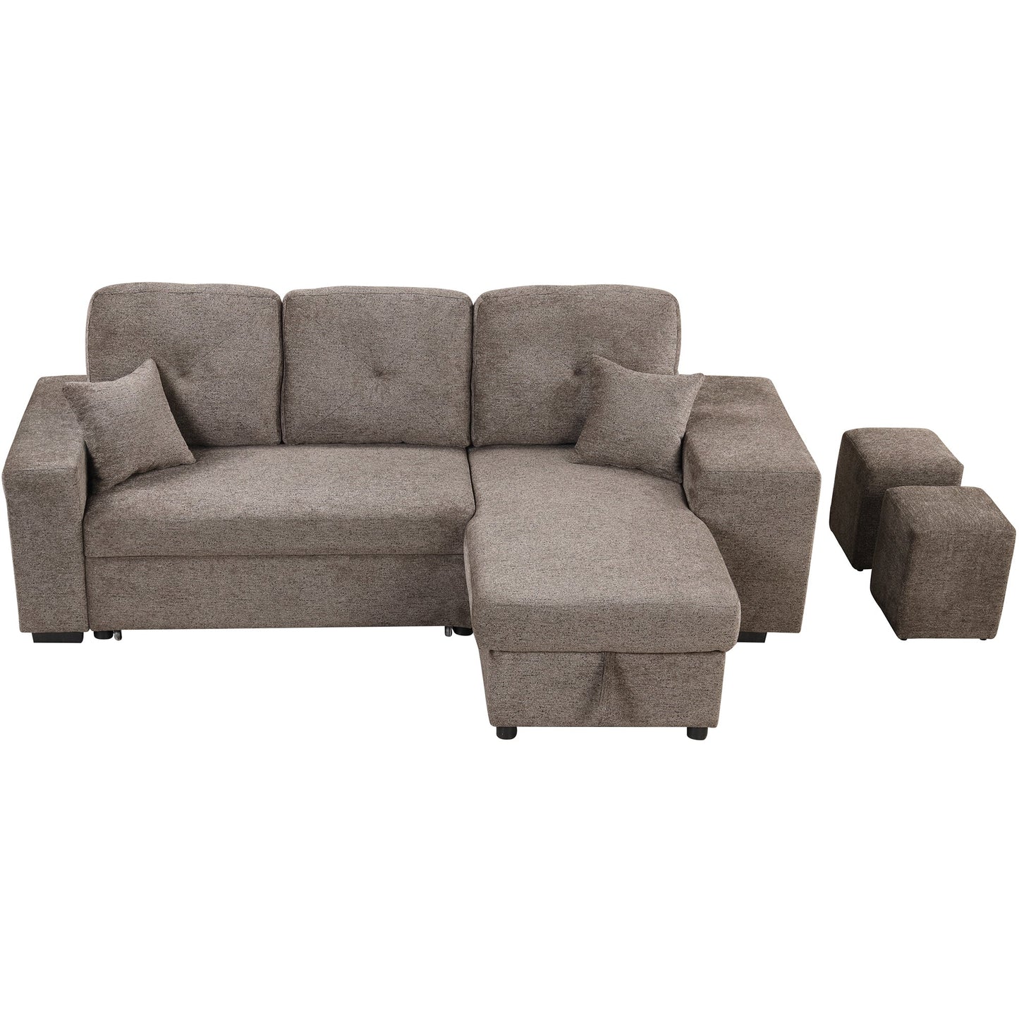 Reversible Sleeper Sectional Sofa Bed With Side Shelf and 2 Stools