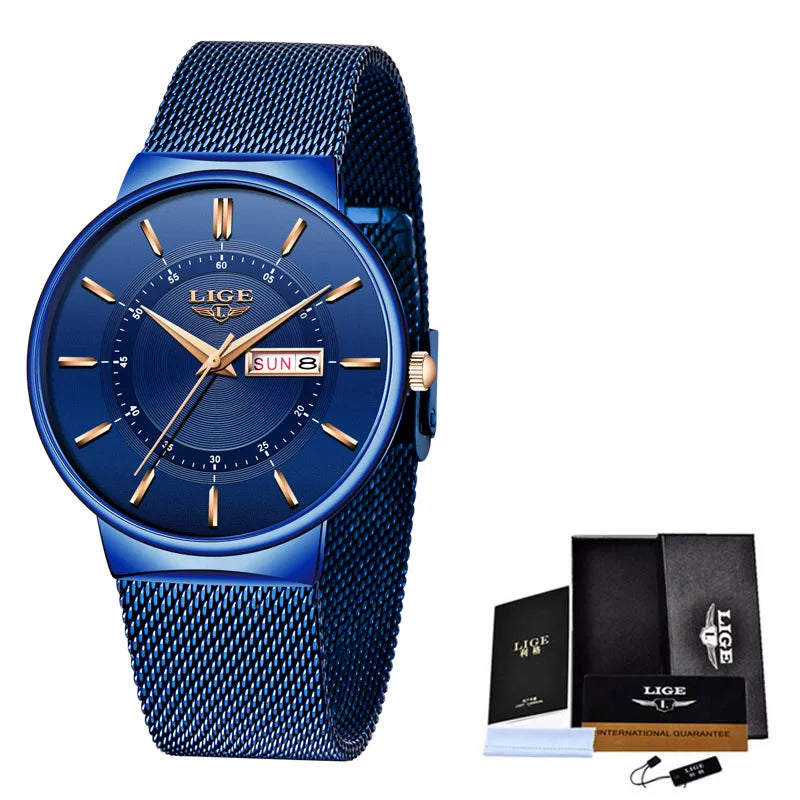 New Blue Quartz Clock LIGE Mens Watches Waterproof Wrist Watch Reloj Hombre