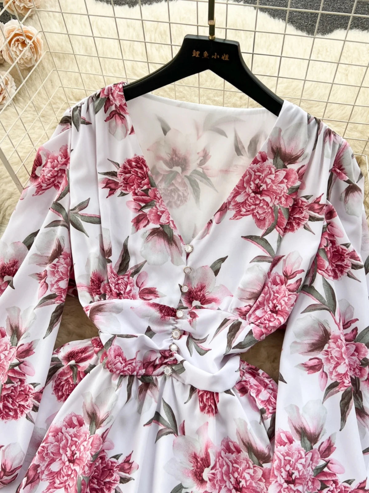 Women's Clothing Ladies Long Sleeve Deep v Neck Dress Floral Print Chiffon