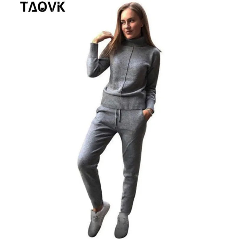 Women's Woolen Knitted Suit High Collar Sweater + Pants Loose Style