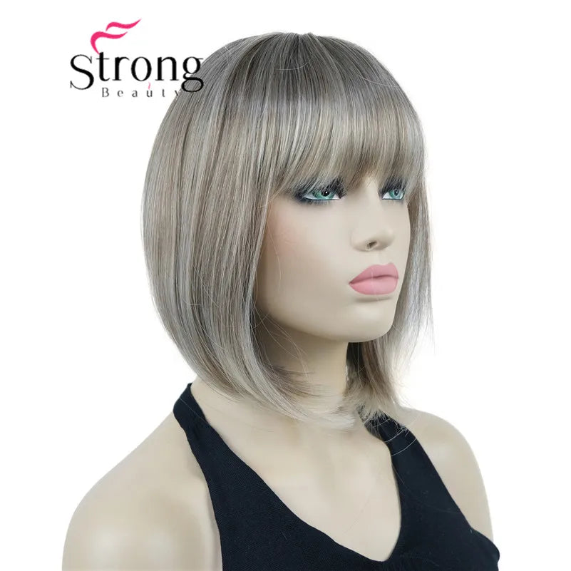 Short Straight Blonde Highlighted Bob With Bangs Synthetic Wig