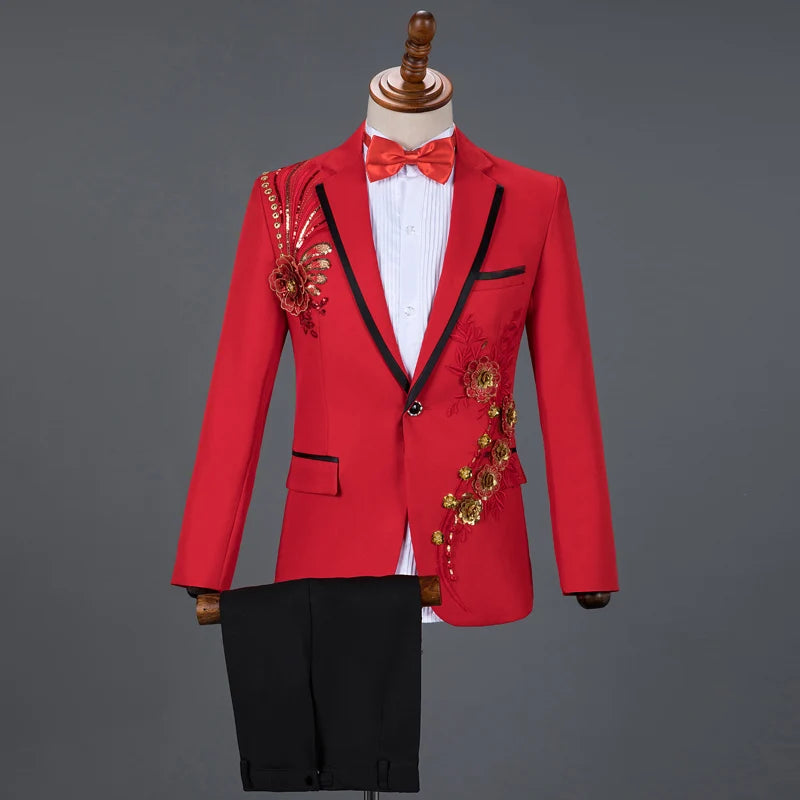 Red Diamond Floral Men Suits for Wedding Mens Suits 3 Piece Blazer+Pant+Bow Tie