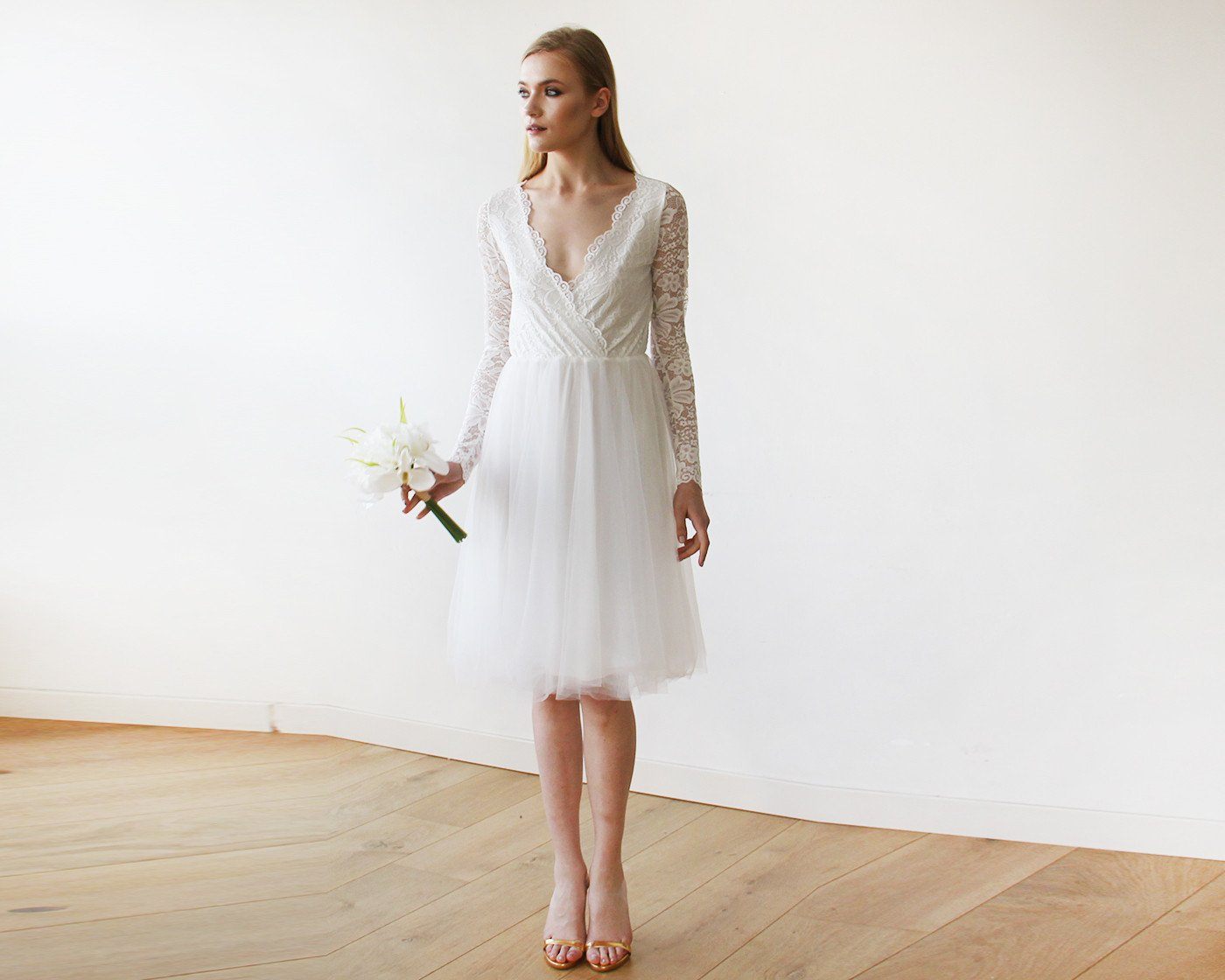 Short Wedding Dress ,Ivory Tulle & Lace Midi  Dress