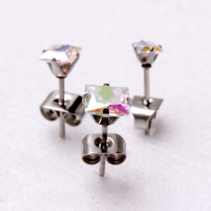 Pair of 316L Stainless Steel Aurora Borealis Princess Cut CZ Stud Earrings