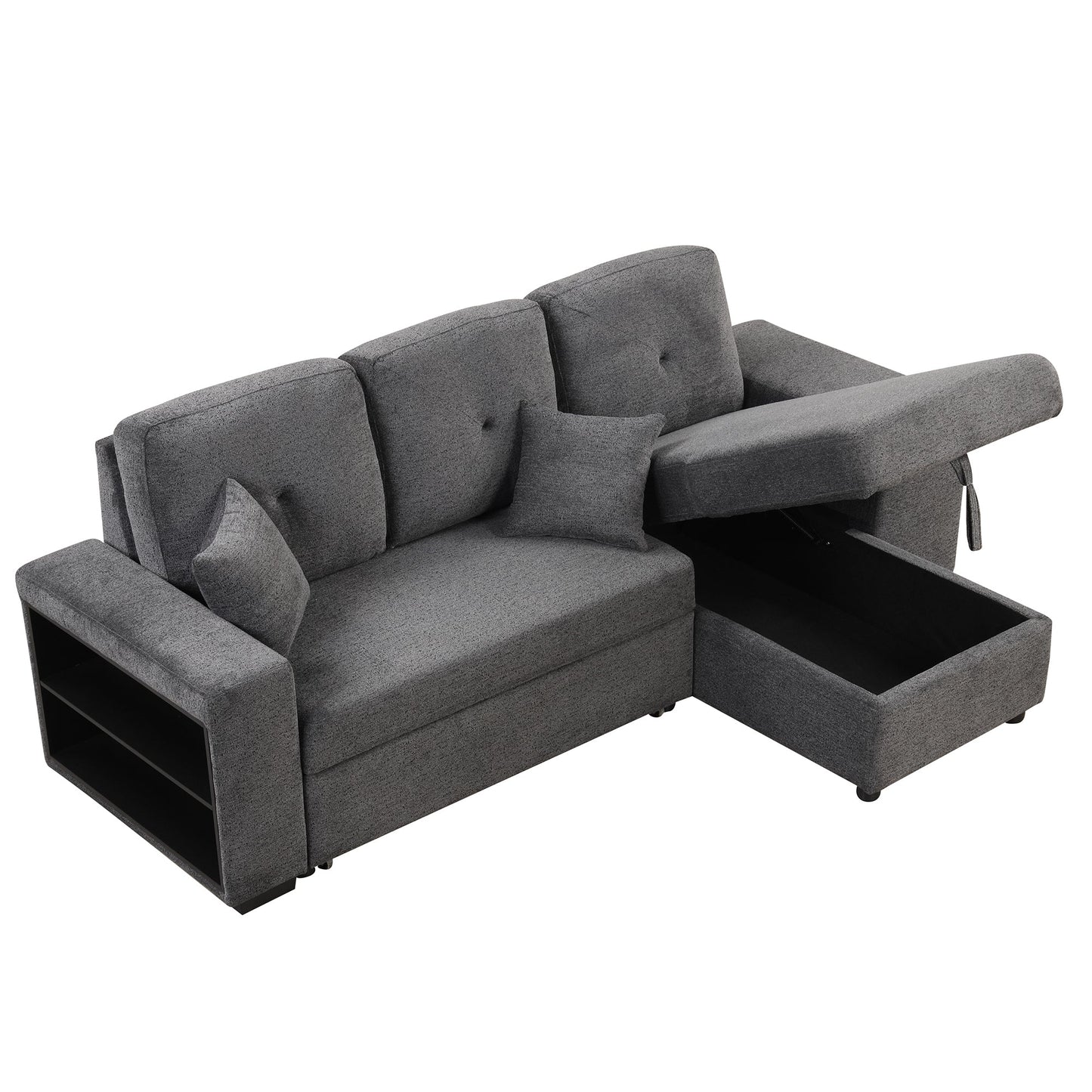 Reversible Sleeper Sectional Sofa Bed With Side Shelf and 2 Stools