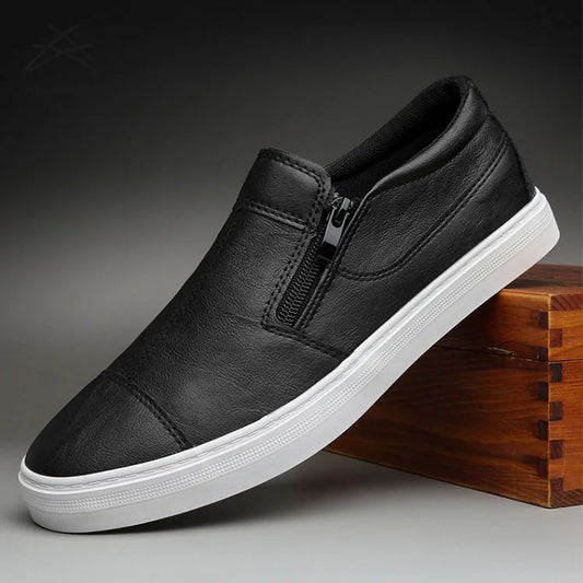 Men's Casual PU Leather Sneakers With Zip Denim Upper Fabric Shoes