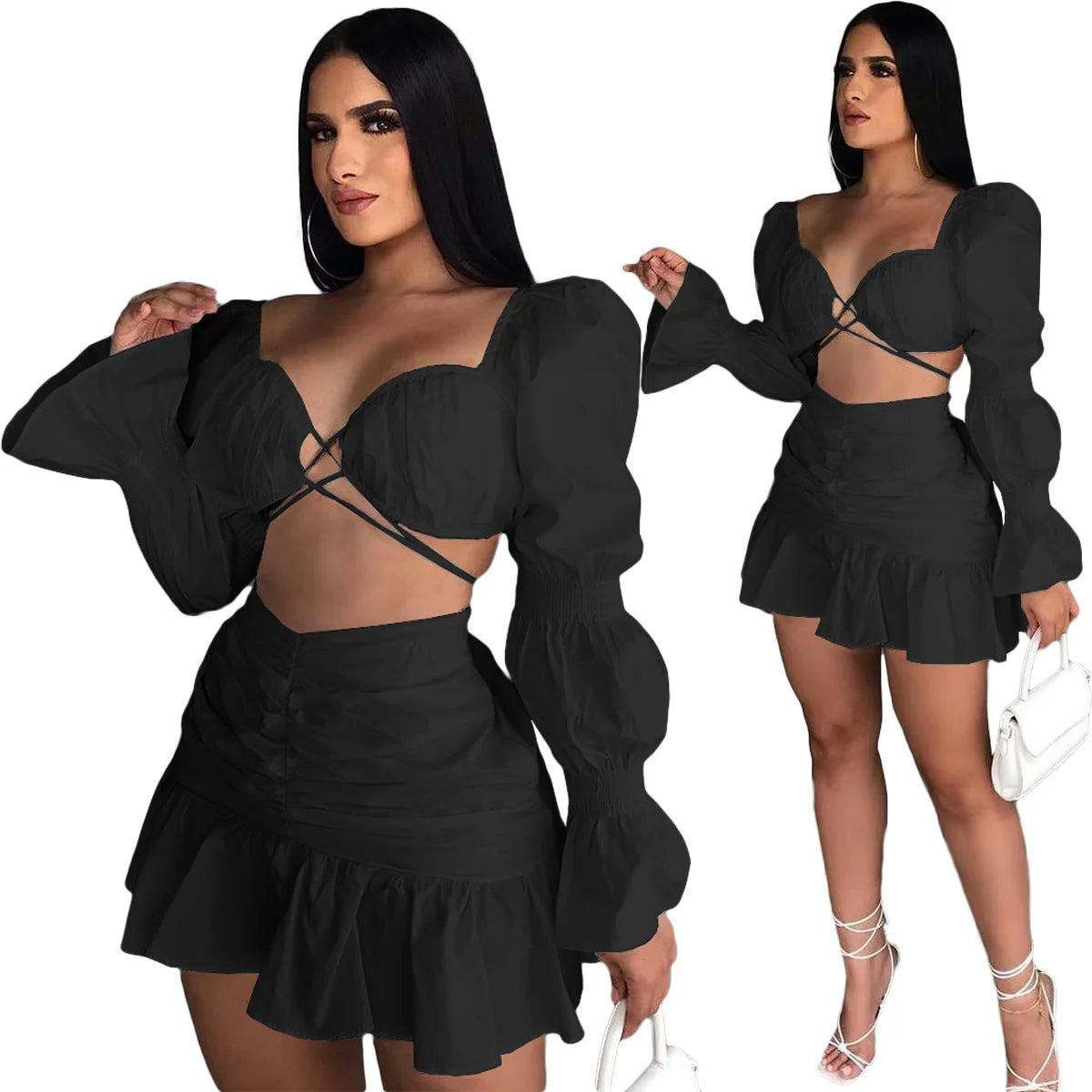 Pleated Skirt Two-Piece Suit  Lantern Sleeve Skirt Two Piece Set