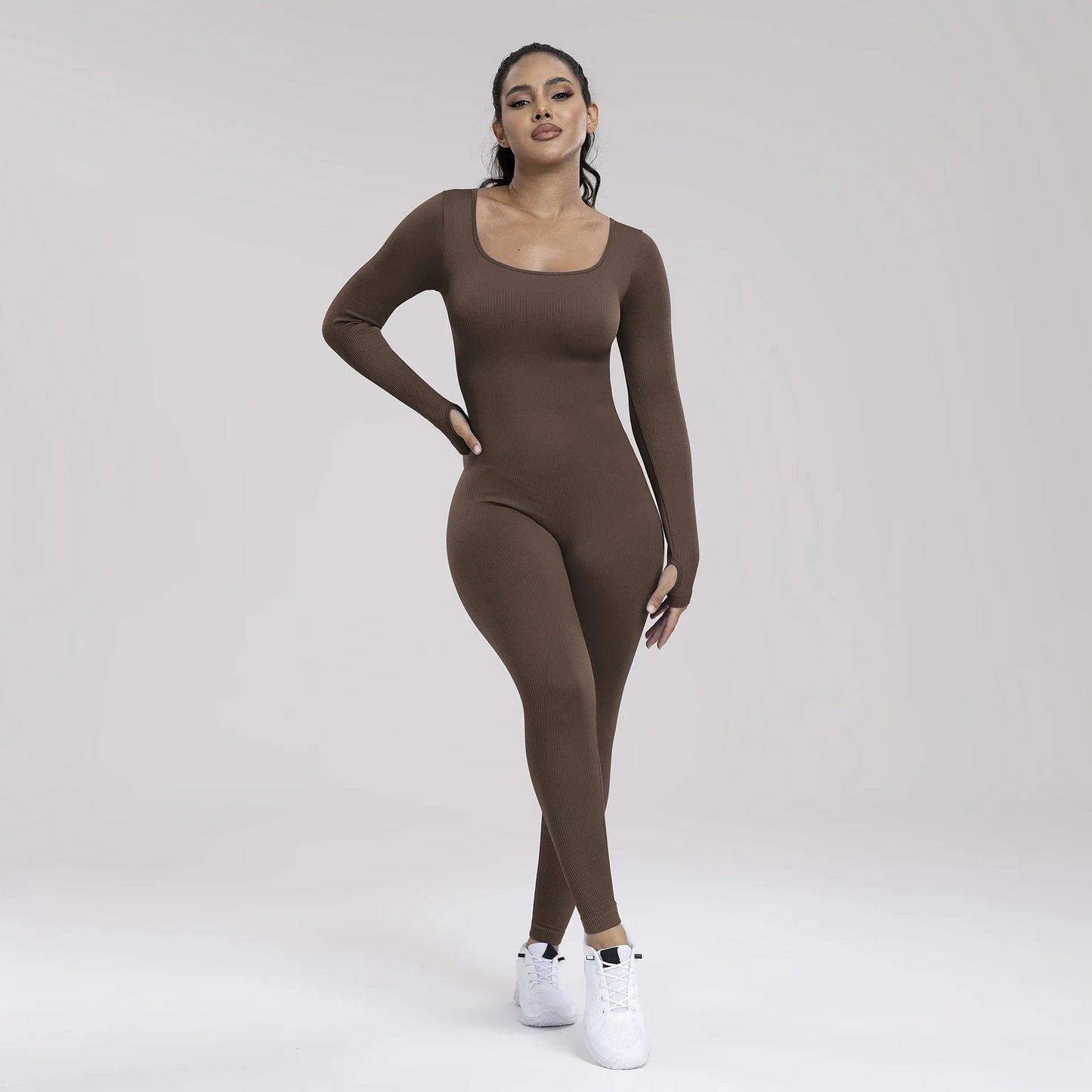 Seamless Ribbed Shaper Sport Fitness Bodysuits Yoga Jumpsuits Long Sleeve