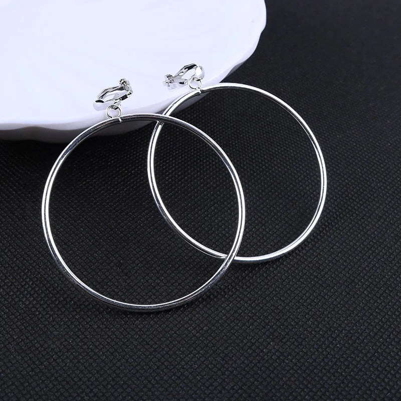 Round Clip on Earrings No Pierced Ear Clip Metal Simple Big Earring