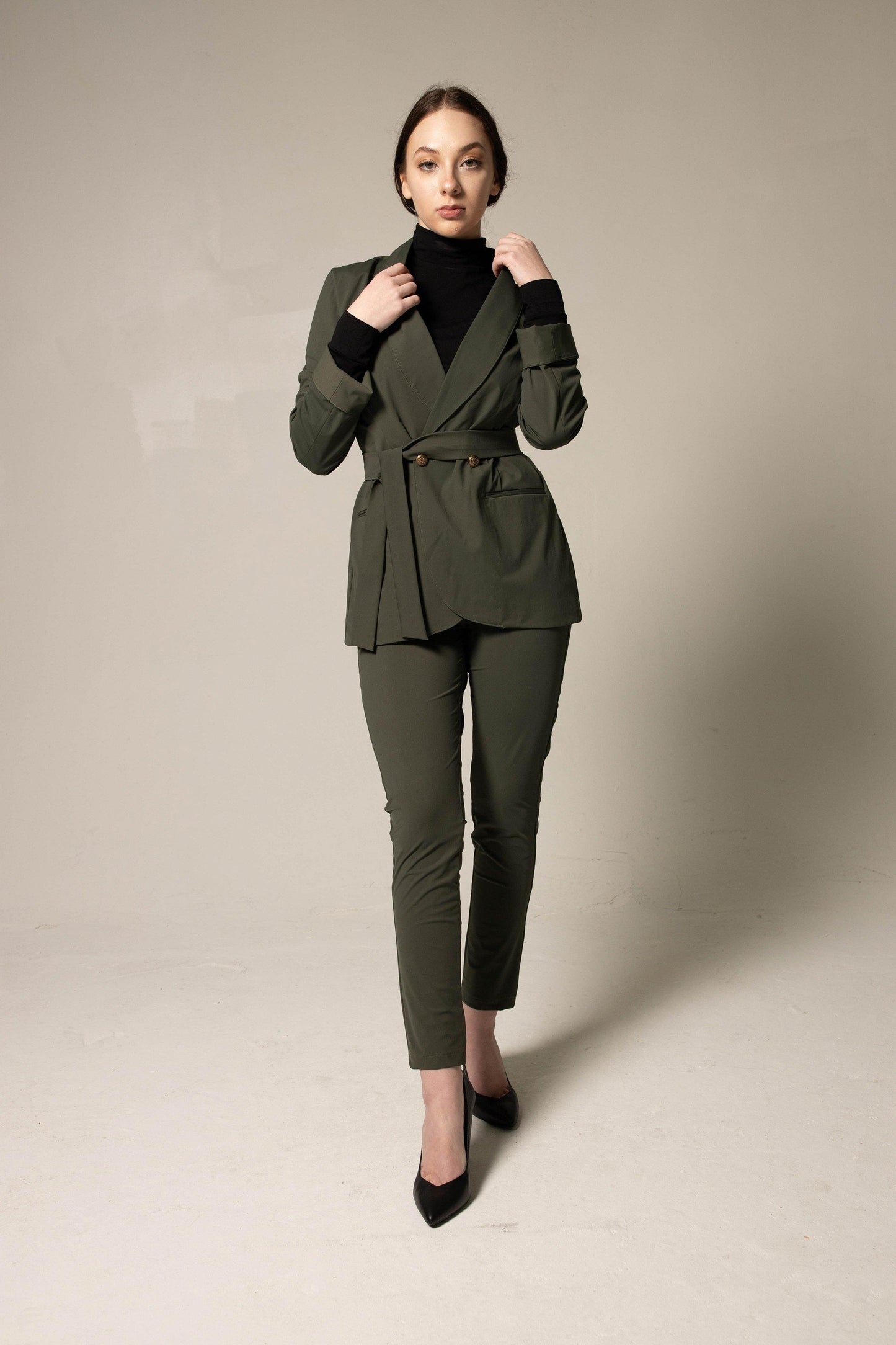 Women's Olive Blazer With Front Buttons