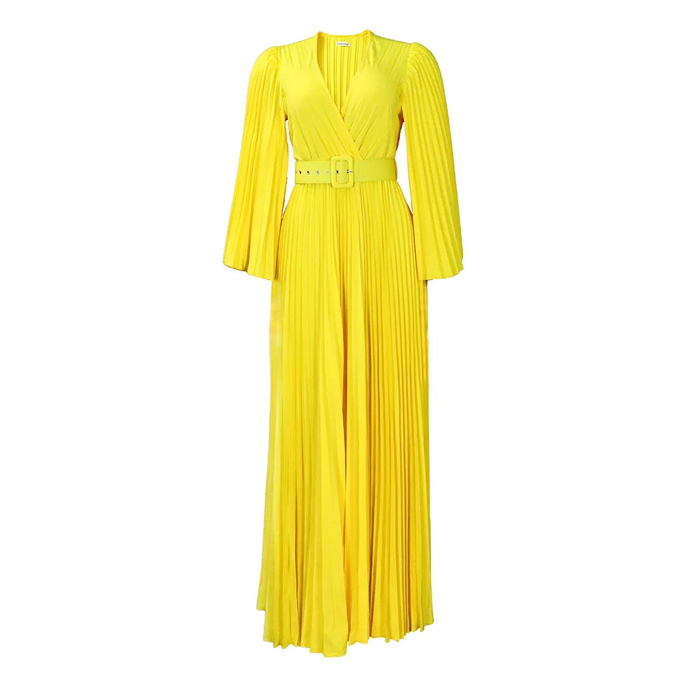 Women Chiffon Pleated Dress High Waist Floor Length Long Sleeve Deep v Dresses