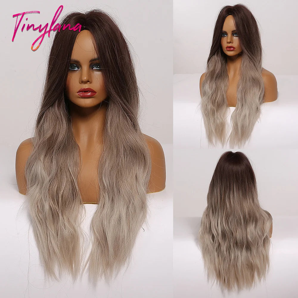 Synthentic Wavy Wigs Brown Blonde Middle Part Wigs With Bangs