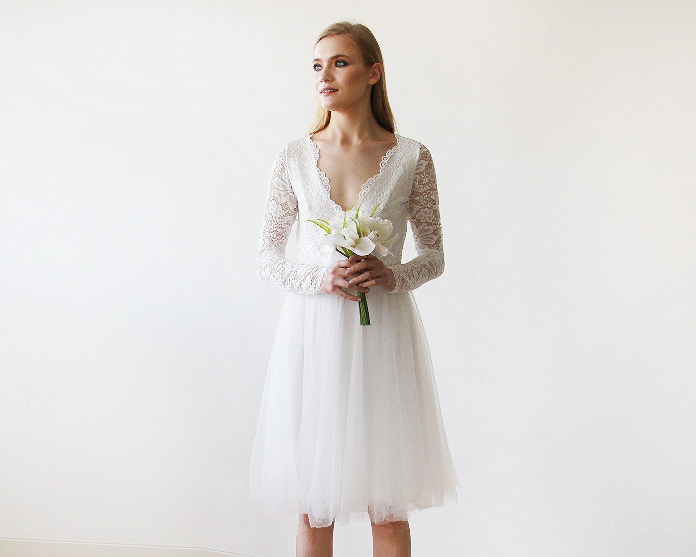 Short Wedding Dress ,Ivory Tulle & Lace Midi  Dress