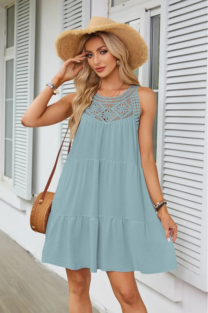 Women's Dresses Hollow Lace Stitching Halter Neck A-Word Dress Casual Dresses