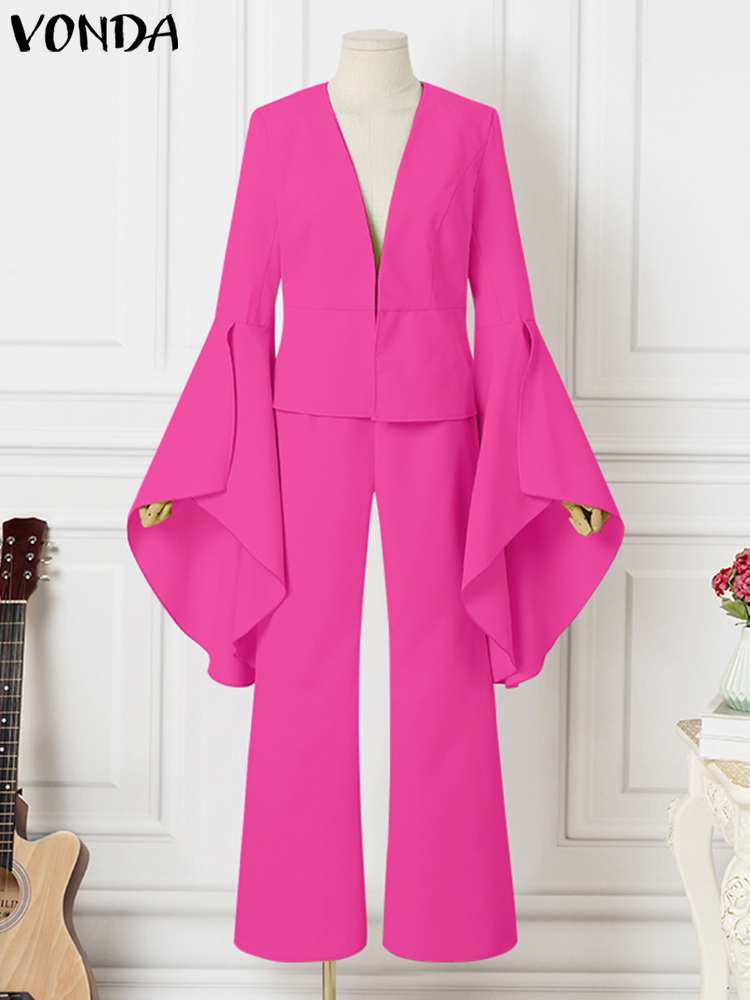 Pants Suits Women Flare Sleeve v Neck Tops and Long Bell Bottoms