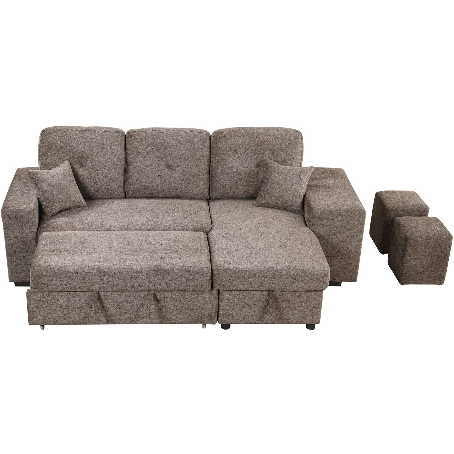 Reversible Sleeper Sectional Sofa Bed With Side Shelf and 2 Stools