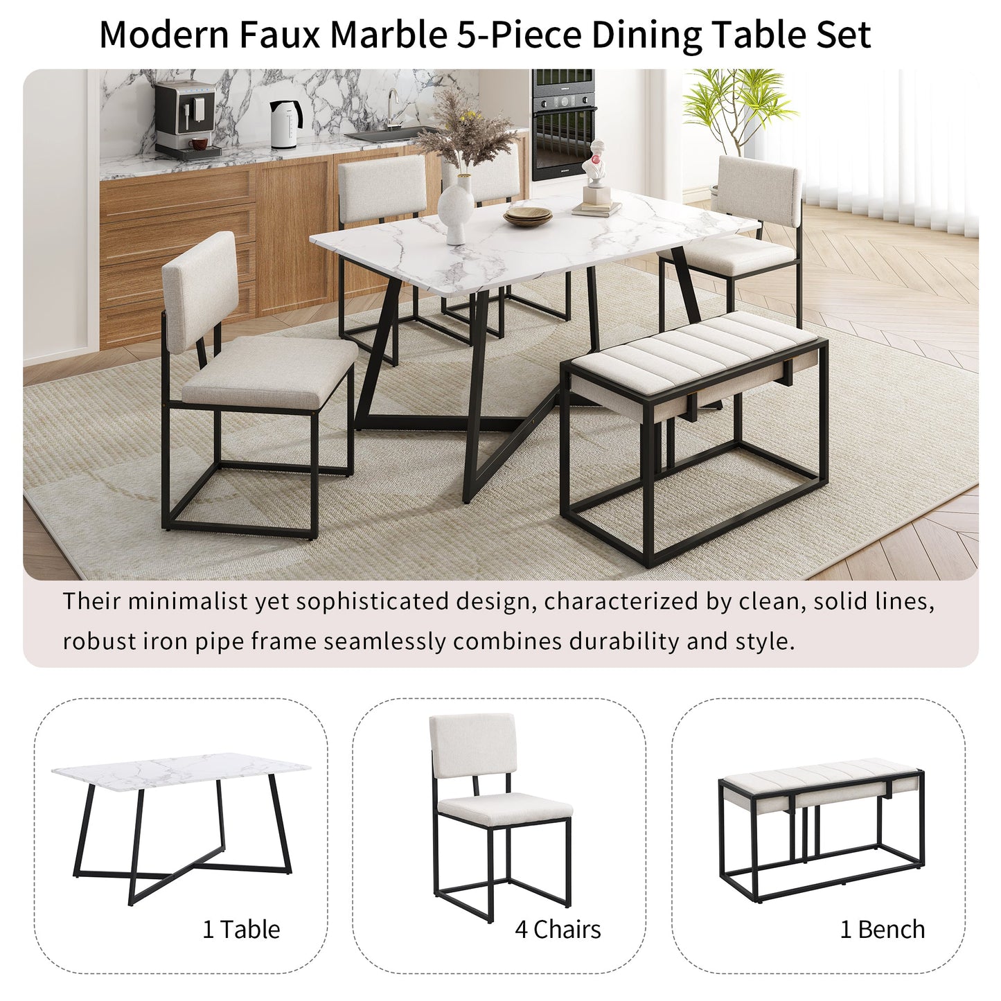 Modern Faux Marble 6-Piece Dining Table Set Dining Chairs and Bench