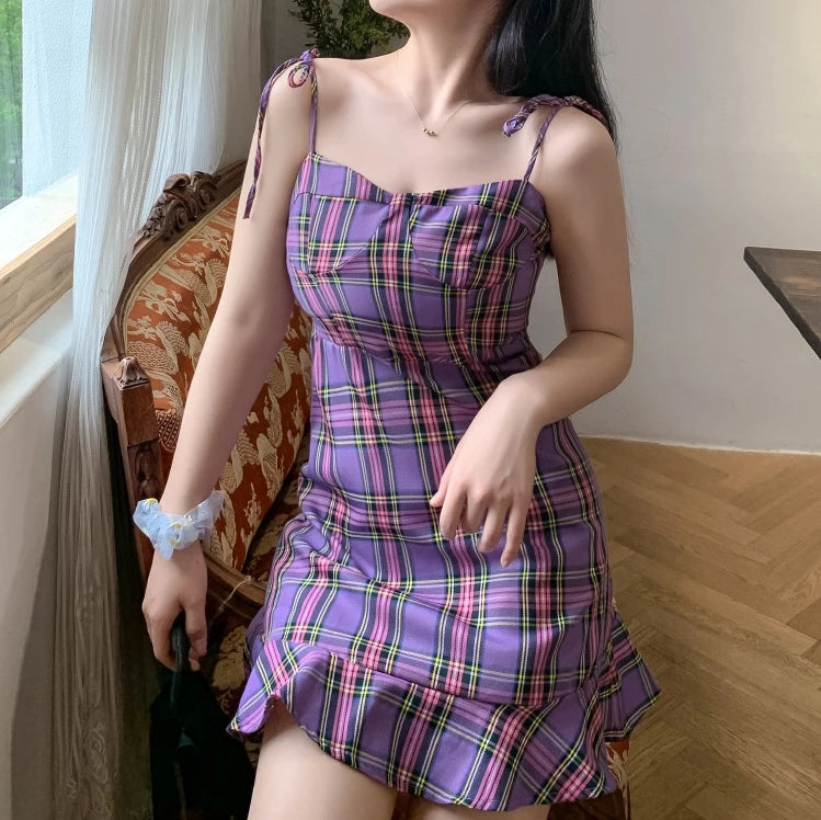 Printing Plaid Sling Short Female Summer Thin Camisole New Mini Dress Skirt