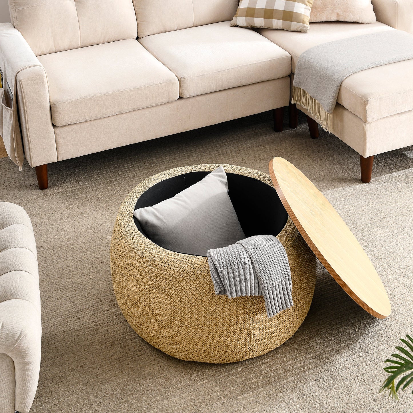 Round Storage Ottoman, Work as End Table and Ottoman