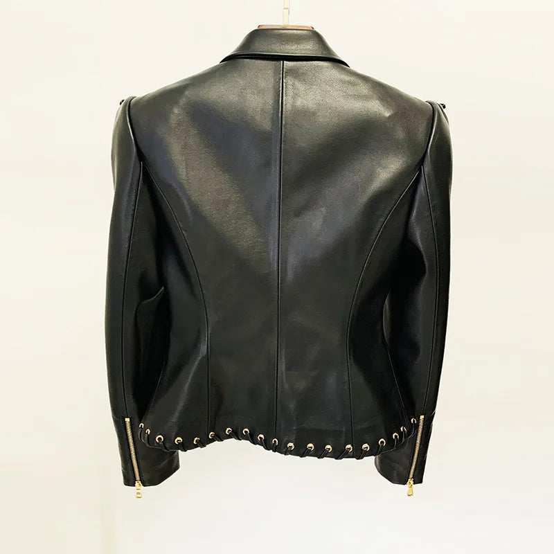 V-Neck Corns Metal Leather Jacket Tight Black Zipper Short Women's Clothing