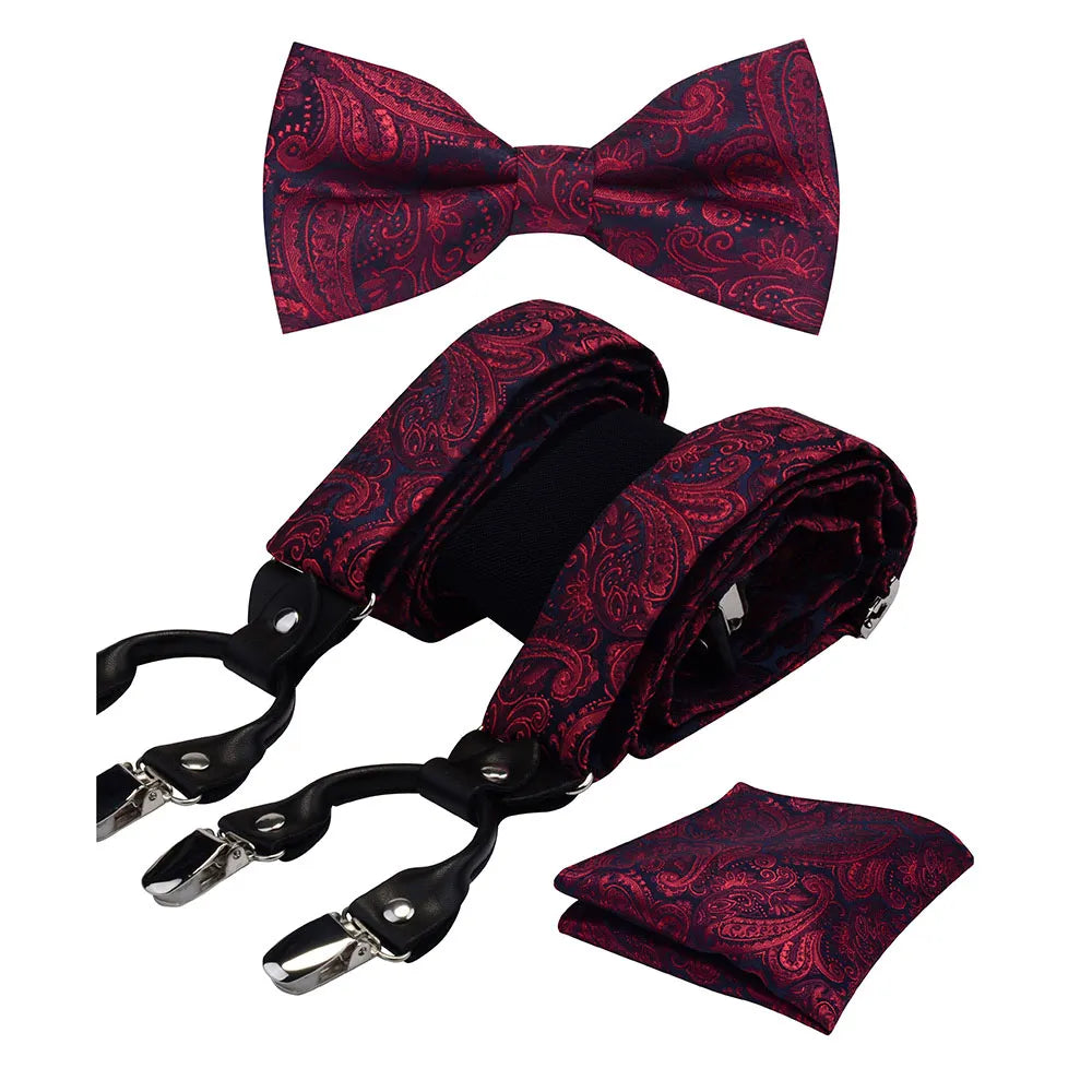 Y Shape Suspenders Bowtie and Pocket Square Set