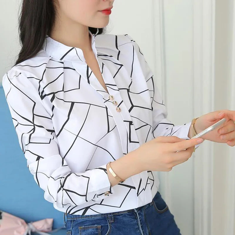 Spring Women White Blouses Fashion Stripe Print Casual Long Sleeve