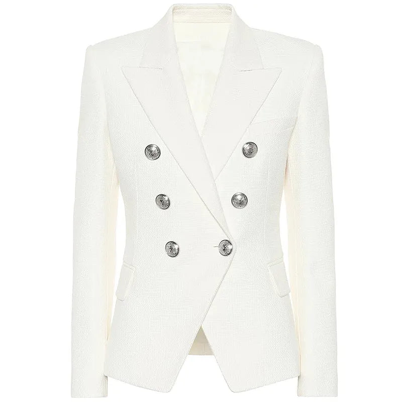 Women's Double Breasted Metal Lion Silver Buttons Pique Blazer Jacket