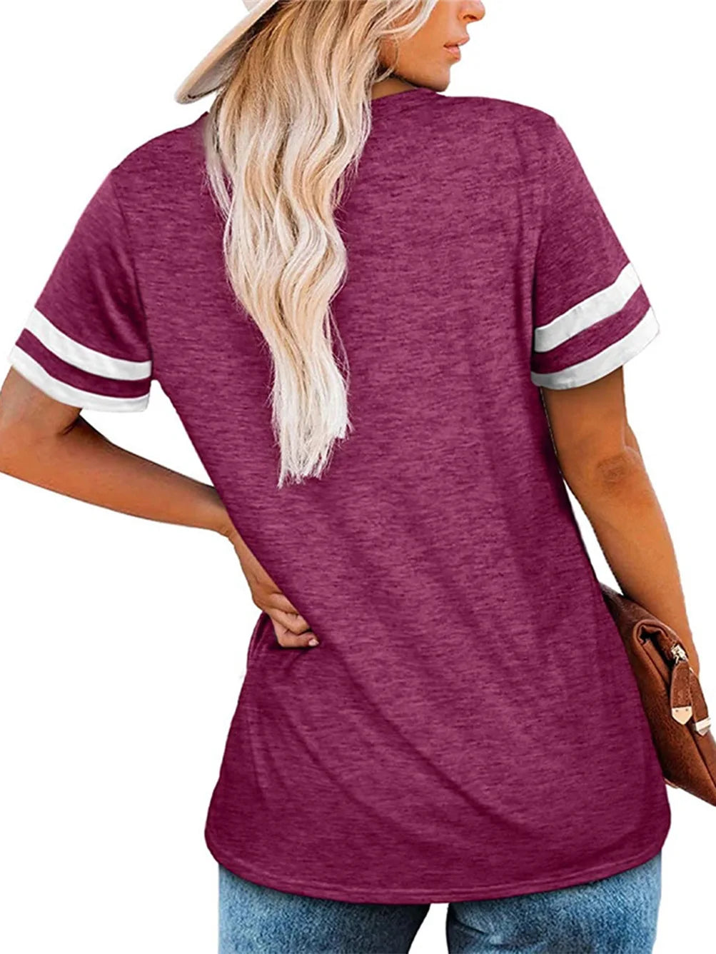 V-Neck Short Sleeve Blank Tshirts Top for Women Elegant Solid Cotton