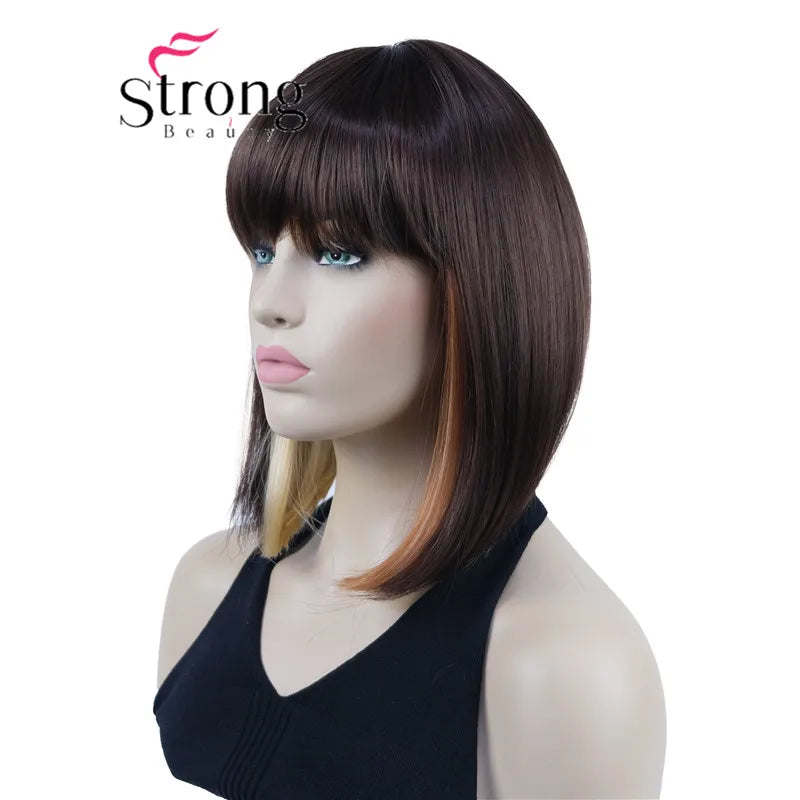 Short Straight Blonde Highlighted Bob With Bangs Synthetic Wig